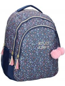Тъмносиня чанта Vadobag Milky Kiss ергономична ученическа раница с пъстра флорална шарка, златни ципове, розови и бели пискюли и две розови пухкави помпони - предлага се в книжарница Orange. Отпред е отпечатан надпис MILKY KISS.