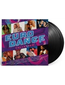 Euro Dance Collected (2 VINYL) има жива, цветна обложка със снимки на различни изпълнители. Смелото заглавие и 90-те хитове, както и имената на изпълнителите, се открояват на оживен лилав и розов фон.