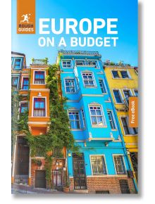 Корица на Rough Guides Europe on a Budget: На снимката са изобразени ярки европейски сгради в синьо, оранжево и жълто под ясното небе.