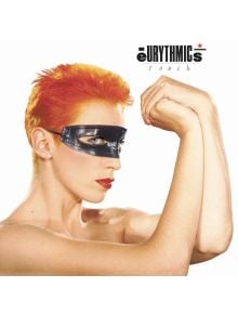 Лице с къса, яркооранжева коса и червено червило носи черна маска за очи, като извива едната си ръка нагоре. "Eurythmics - Touch (VINYL)" е изписано в горния десен ъгъл на бял фон.