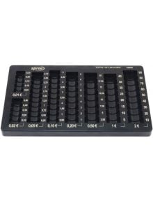 Евромонетник Spree е черна пластмасова табла за монети с обозначени прорези за всяка номинална стойност на еврото (от 1 до 2 евро), показваща количеството монети и общата им стойност - идеална за съхранение на монети.