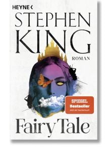 Корица на книгата "Приказка" (D): лице на жена се слива с облаци, пеперуда, насекомо и силует на златен замък - намек за приключенско пътешествие във фантастичен приказен свят. Включва оранжев бестселър на SPIEGEL Jetzt als Taschenbuch стикер.