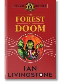 Корица на книгата Fighting Fantasy: на поразително червен фон със златен и бял текст - емблематична книга за приключения.