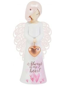 Фигура You are an angel - Завинаги в сърцето ми: порцеланов ангел с розови криле и коса, държи метално сърце. Роклята е украсена с розови сърца и надпис "Винаги в сърцето ми"-идеален подарък или декорация.