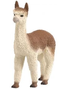 Фигурката Schleich: Алпака кафеникава е реалистична фигура с бяло тяло и кафяви петна по гърба, врата, ушите и краката, поставена на бял фон.