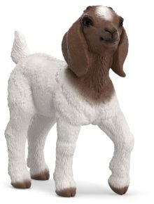Фигурка Schleich: Бурска коза бебе - реалистично моделирана с бяло тяло и кафява глава, уши и крака, идеална за любителите на играчки животни.