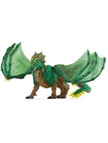 Фигурка Schleich: Дракон на джунглата с кафяви люспи, големи зелени криле, шипеста глава, зелен гръб, жълти нокти и жълти крайчета на крилете. Ръчно рисуван с отворена уста и остри зъби.