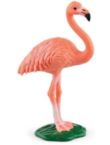 Фигурка Schleich: Фламинго изправено е малка, реалистична розова фигурка с повдигнат крак на зелена основа и детайлни пера - идеална за колекции Schleich или игра за деца.