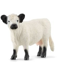 Фигурка Schleich: Галоуей крава изобразява белую корову с черными ушами, носом и ногами, рельефной шерстью и видимым выменем на белом фоне.