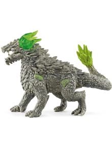 Фигурката Schleich: Скален дракон е сиво драконоподобно същество с груби каменни люспи и яркозелени кристали по главата, раменете и опашката.