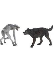 Фигурка Schleich: Върколак срещу Зоомаг-свиреп сив върколак срещу черен зоомаг, готови за схватка на бял фон. Идеална за фенове на Schleich фигурки и колекционерски играчки.
