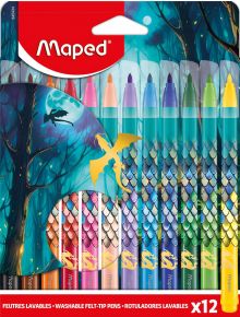 Опаковка от 12 флумастера Maped Color Peps Dragon, чиято опаковка е украсена с мотиви на дракони и люспи. Ярките флумастери са подредени в ред на фона на фантастична гора и дракон.