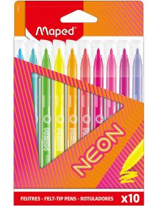 Опаковка от 10 Флумастери Maped Neon в ярки цветове, подредени в прозрачен пластмасов калъф с цветна картонена обложка. Предлага се във всяка книжарница Orange. Надписът NEON изпъква на опаковката.