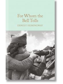 Корицата на книгата "За кого бие камбаната" е с черно-бяла снимка на жена във военна униформа, насочила пушка зад скалите, което напомня за напрежението в Испанската гражданска война. Заглавието е изписано с кафяв текст.