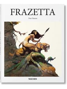 Корицата на книгата "Frazetta (Taschen's Basic Art)" от Даян Хансън, представяща фентъзи изкуство с жена с копие върху свирепо котешко същество върху скали, на фона на драматичен пейзаж - почит към легендарния стил на Франк Фразета.