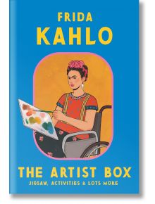 Пъзел Кутията за художници: Кало в инвалидна количка пред пъстра картина. Включва 150 части, творчески дейности и още изненади.