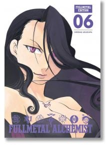 На корицата на „Fullmetal Alchemist: Fullmetal Edition“, том 6, от Хирому Аракава – прекрасно изработена колекционерска манга – уверено позира жена в аниме стил с дълга черна коса и впечатляваща, разголена рокля. Луксозната твърда корица е украсена с лила