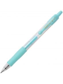 Гел химикалка Pilot Pastel G2 - 07, светлосиня с прозрачна цев и светлосини дръжка, клипс и вътрешни части е показана диагонално на бял фон.