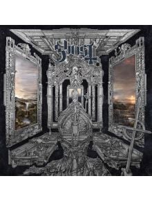 Сюрреалистичната черно-бяла рисунка за Ghost - Skeleta (Vinyl) показва фигури на скелети, готическа архитектура и огледала с пейзажи в полумрак. "Ghost" е изобразено в горната част с богато украсени букви.