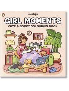 В "Момичешки моменти" едно момиче се отпуска на зелен диван и оцветява книгата си, а наблизо има котки и куче. Стаята е изпълнена с растения, рафтове и симпатичен декор, а на масата са поставени лаптопът, чашата за кафе и закуски, за да създадат перфектно