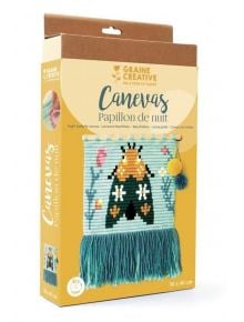 Гоблен Graine Creative - Нощна пеперуда: комплект за бродерия с дизайн на нощна пеперуда в синьо, жълто и черно с дълги сини пискюли, подходящ за стенна декорация. Готов размер: 30 x 40 см.