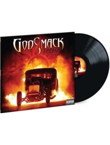Изображението показва преиздаването на Godsmack - 1000hp (VINYL) с обложка с пламтящ хотрод автомобил на оранжев и червен огнен фон. Името на групата и заглавието на албума са изобразени в горната част.