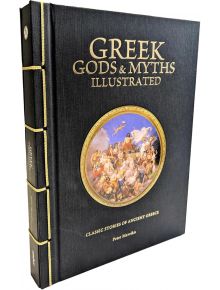 Книгата с твърди корици "Гръцки богове и митове", илюстрирана от Питър Маврикис, има декоративна кръгла илюстрация, вдъхновена от гръцката митология, на предната корица.