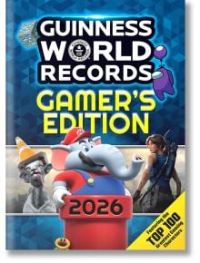 Корицата на изданието на рекордите на Гинес за геймъри за 2026 г. е с ярък жълт и бял текст, а на нея са изобразени герои като слон, облечен като Марио, лама с парти шапка и жена авантюрист.