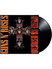 Guns N' Roses - Appetite For Destruction (VINYL) ремастерирано издание включва карикатури на черепи на групата върху кръст, с дръзкото жълто-оранжево име на групата на черен фон.
