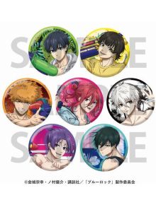 Седемте илюстрирани герои на Blue Lock са изобразени върху цветните значки Hakone Kowakien Yunessun x Blue Lock, всеки в бански костюм с водни пистолети и летен фон - идеален аниме подарък за фенове и колекционери!.