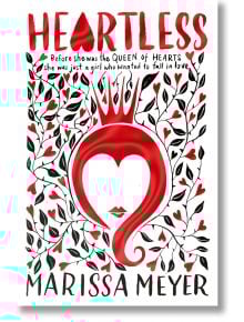Корицата на книгата за международното издание Heartless, на която е изобразено поразително червено-бяло лице на Кралицата на сърцата, оформено от коса и корона, обрамчено от черни клони със сърцевидни листа - идеално за феновете на романтиката в Страната 