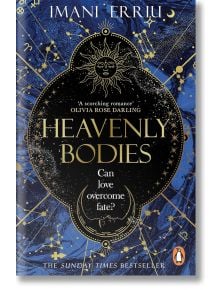 Корица на книгата "Небесни тела" със златни звезди, слънце и луна върху синьо. Страхотно за феновете на романтичното фентъзи и Сара Джей Маас в BookTok. Централен текст: "Може ли любовта да победи съдбата?" Логото на Penguin в долната част.