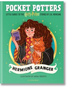 Илюстрация на корицата на книгата, на която Хърмаяни Грейнджър (Pocket Potters) държи книга и оранжева котка, на зелен звезден фон.