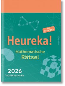 Корица на Heureka Mathematische Rätsel 2026: Tageskalender mit Lösungen от Хайнрих Хемме, на която са показани геометрични фигури, уравнения и илюстрация на куб, както и етикет, указващ, че са включени решения.