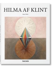 Корицата на книгата за Hilma af Klint с абстрактно геометрично изкуство - цветна пирамида, бял светещ кръг отгоре и кафеникаво кръгово отражение отдолу - издадена от Taschen.