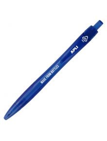 Синя Химикалка Apli Recycle, асортимент, изработена от рециклиран PET с бели маркировки, символи за рециклиране и цифри. Разполага с горна щипка и леко извит ергономичен дизайн за удобно писане.