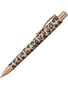 Химикалка Faber-Castell Poly Ball Leo, естествен инстинкт с бежово тяло и леопардов принт, златист клип и връх. Идеален избор за фенове на химикалки с модерен дизайн.