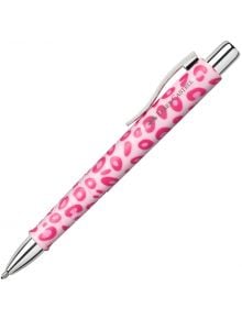 Розово-бяла химикалка Faber-Castell Leo химикалка, украсена с надпис "захарни точки" и със сребърни щипка, накрайник и бутон.