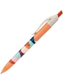 Оранжева Химикалка Milan P1 The Fun, синя с многоцветна геометрична шарка на цевта и бял клипс с надпис MILAN The Fun.