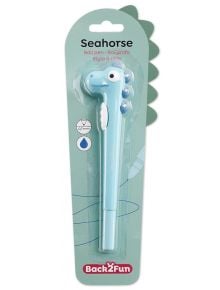 Опакована синя химикалка с форма на морско конче с анимационни очи и перки, с етикет "Химикалка Miquelrius Back2fun Seahorse Blue". На светлозелената опаковка са показани детайли и икона на 0,7 мм водна капка-идеална за ученически принадлежности.