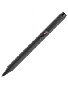 Химикалка Miquelrius Matte Metallic Negro с метален корпус, черен цвят, клипс и малко MR лого в горната част, представена на бял фон.