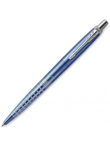 Химикалка Parker Jotter Special Edition Global Icons - Seoul: синя, сребриста геометричен дизайн край писеца и емблематична сребърна щипка със стрелата-истински символ сред луксозните пишещи средства.