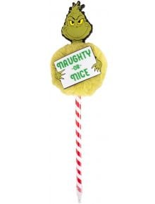 Химикалка с помпон Fizz Creations - The Grinch с червено-бяла дръжка и плюшена фигура на Гринч, държаща табела "NAUGHTY OR NICE". Чудесен подарък за празниците!.