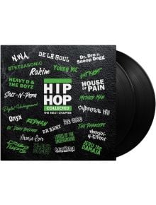 Две черни винилови плочи със заглавие "Hip Hop Collected - The Next Chapter (Various Artists) (2 VINYL)" са с обложка в стил графити с имена на легендарни изпълнители - задължителна хип-хоп компилация от Music On Vinyl.