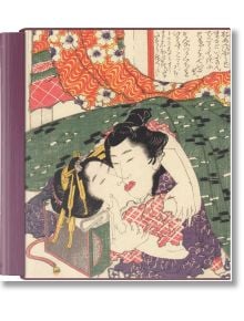 В "Hokusai Shunga" са изобразени две фигури в интимна прегръдка върху жив шарен плат, облечени в детайлно облекло от епохата Едо, със сложни прически и фон от цветя и геометрични мотиви.