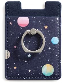 Морски Холдър за телефон с ринг Miquelrius - Galaxy с дизайн на космическа тематика с планети и звезди, както и сребърен държач за пръстени в центъра.