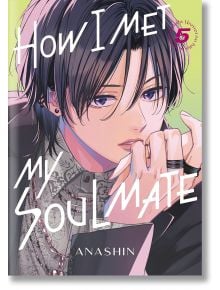Корицата на How I Met My Soulmate, Vol. 5 показва стилен чернокос младеж с обеци, който държи пръстите си до устните си на светлозелен фон в тази колежанска романтична шоджо манга от Anashin.