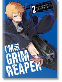 Руса героиня с очила и черно палто насочва голям пистолет на синята WEBTOON корица на "I'm the Grim Reaper, Vol. 2" от Graveweaver, изглеждаща напрегната и готова да се изправи срещу света на Red Spades.