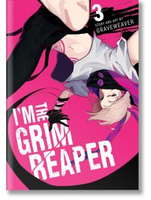 Корицата на I'm the Grim Reaper, Vol. 3 показва обърнат наопаки светлокос герой с черна ръкавица в бяло-лилаво облекло на ярък пурпурен фон.
