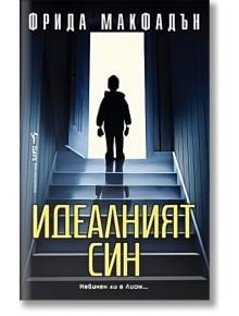 Корицата на Идеалният син, трилър книга на Фрида Макфадън, показва дете в сянка на върха на стълби, осветено от отворена врата, което загатва за семейна драма и изчезнало момиче.